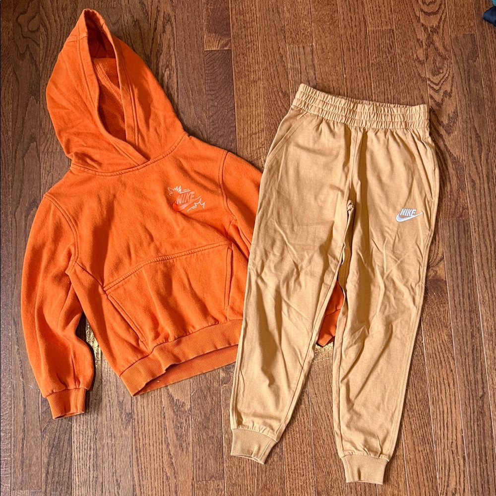 Nike size Small Kids Orange Hoodie and Tan sweatpants Joggers